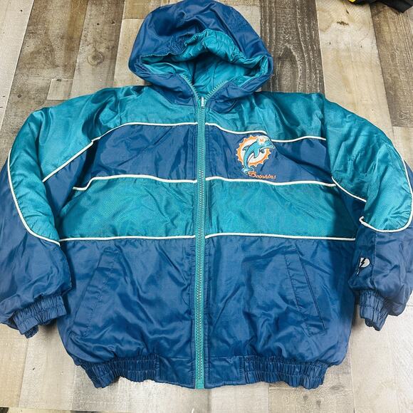 Miami Dolphins Jacket Youth Large 14-16 Teal Navy NFL Pro Player Reversible - Picture 1 of 16
